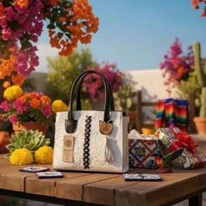 Floral White & Black Cross Stitch Embossed Tooled Artisan LEATHER Bag Purse Tote